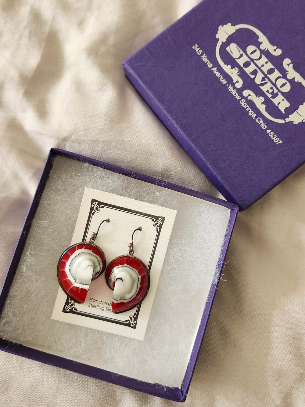 Ohio Silver Red and White Shell Hoop Drop Earrings